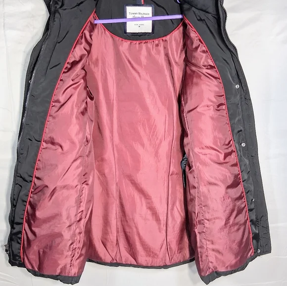 Men's Hilfiger Small Black/Burgundy Lined Full Zip and Button Down Puffer Jacket - Picture 9 of 12